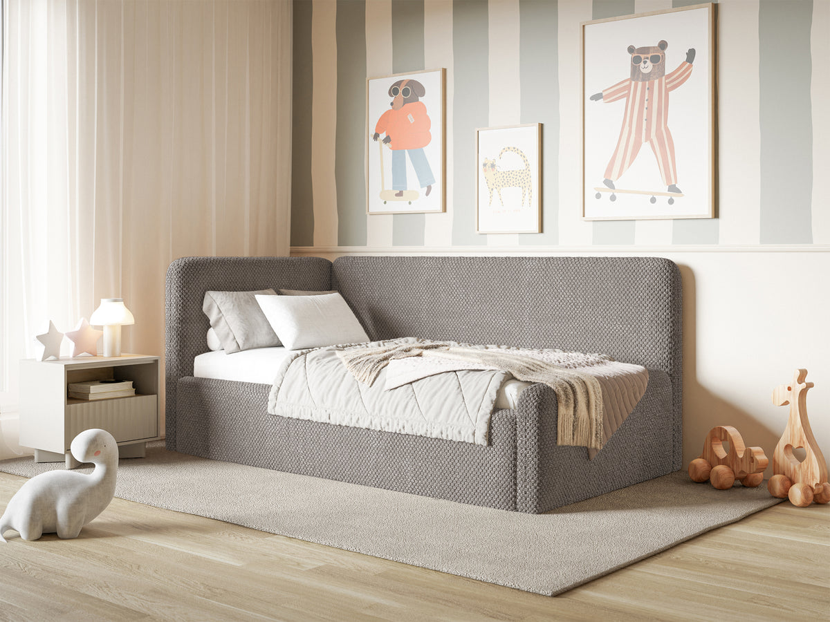 Jugendbett 120x200 cm Fanklo linksseitig mit Stauraum und Schutzgittern, graubrauner hydrophober Plüsch