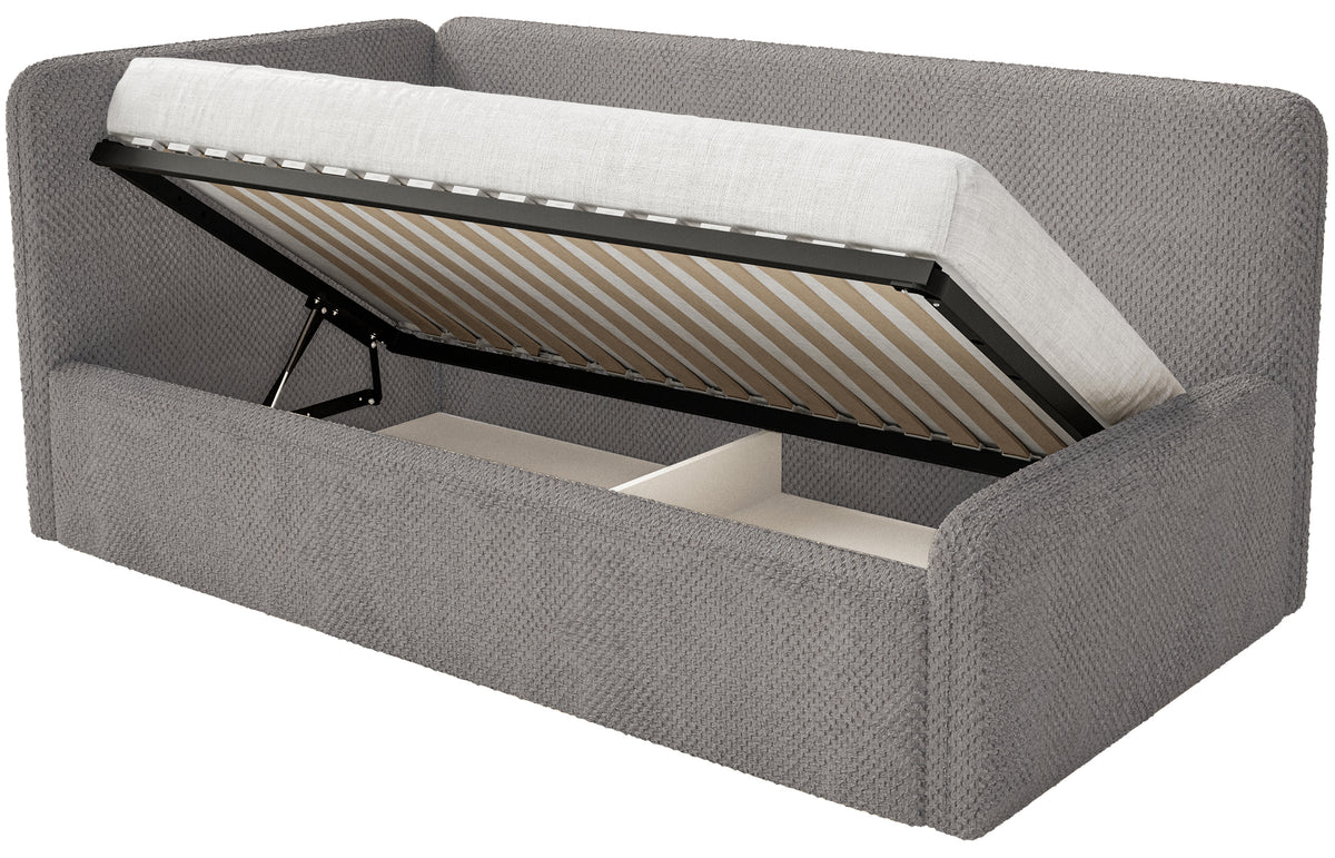 Jugendbett 90x200 cm Fanklo linksseitig mit Stauraum, graubraunes Plüsch, wasserabweisend