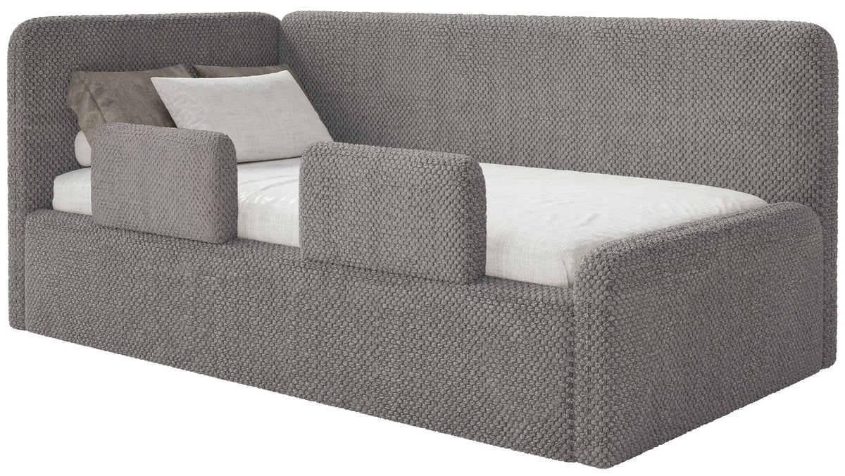 Jugendbett 90x200 cm Fanklo linksseitig mit Stauraum und Geländern, grau-brauner Plüsch, wasserabweisend