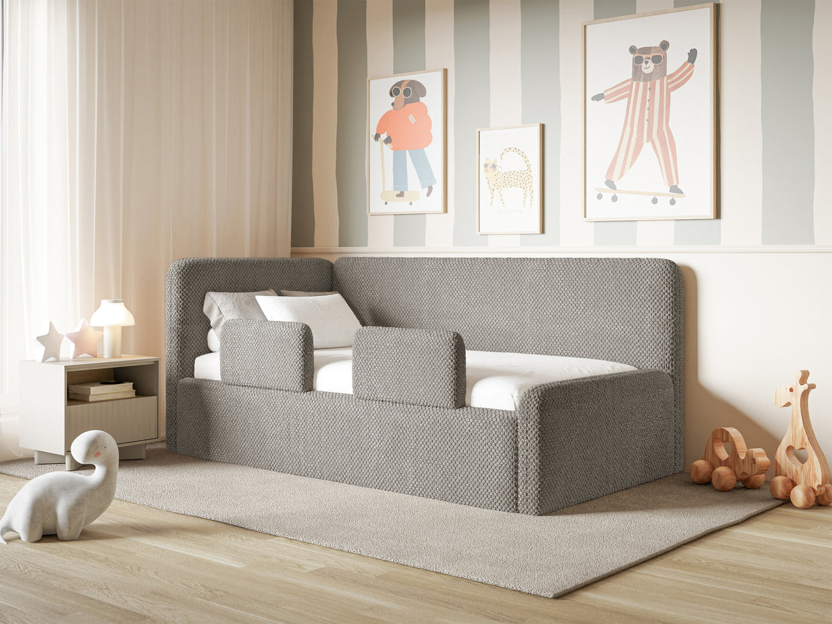 Jugendbett 90x200 cm Fanklo linksseitig mit Stauraum und Geländern, grau-brauner Plüsch, wasserabweisend