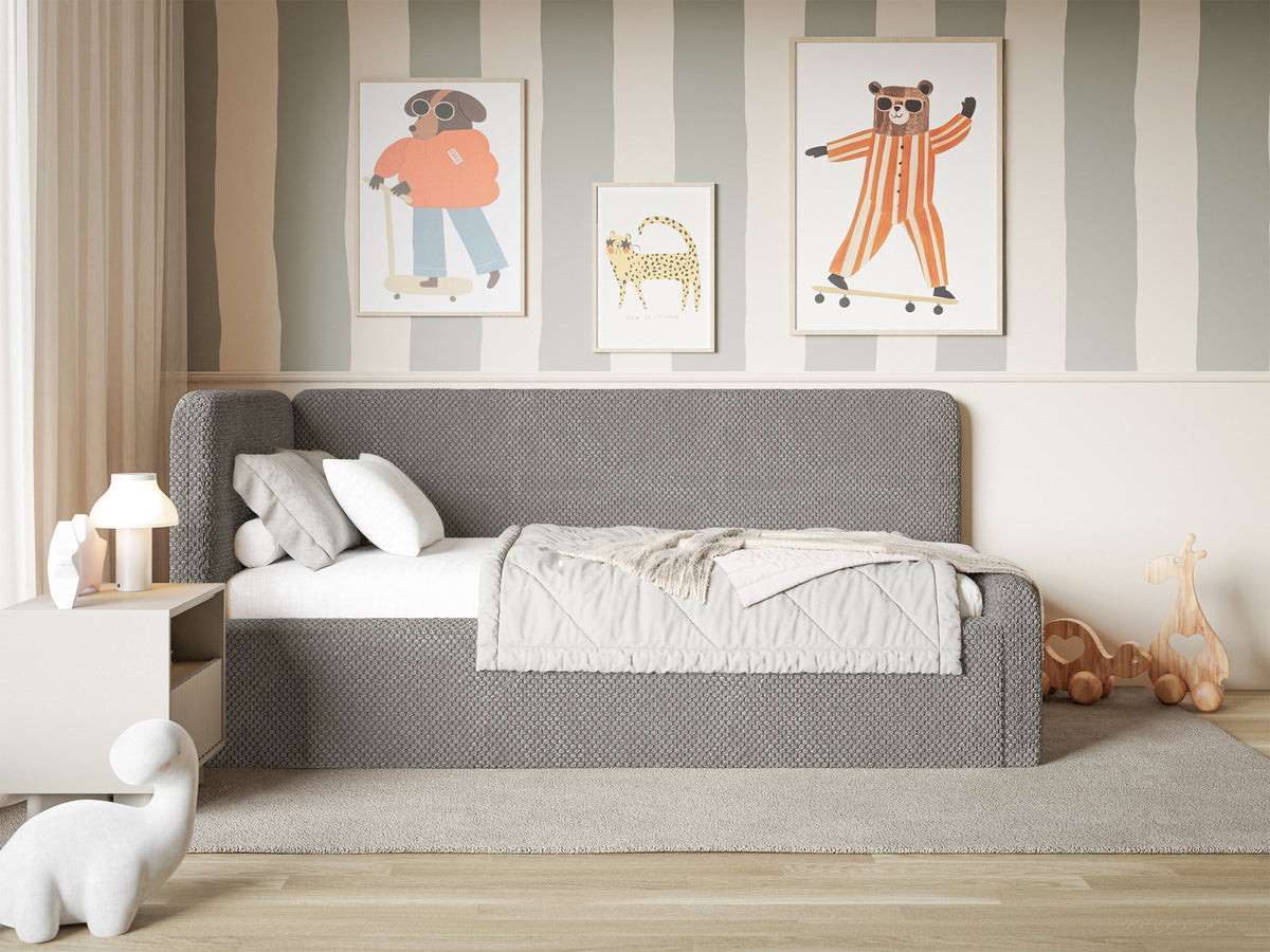 Jugendbett 120x200 cm Fanklo linksseitig mit Stauraum und Schutzgittern, graubrauner hydrophober Plüsch