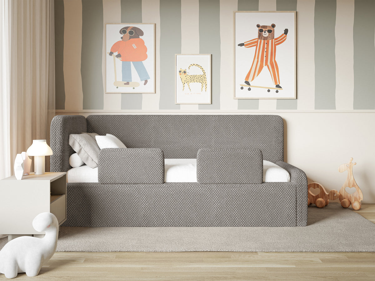 Jugendbett 90x200 cm Fanklo linksseitig mit Stauraum und Geländern, grau-brauner Plüsch, wasserabweisend