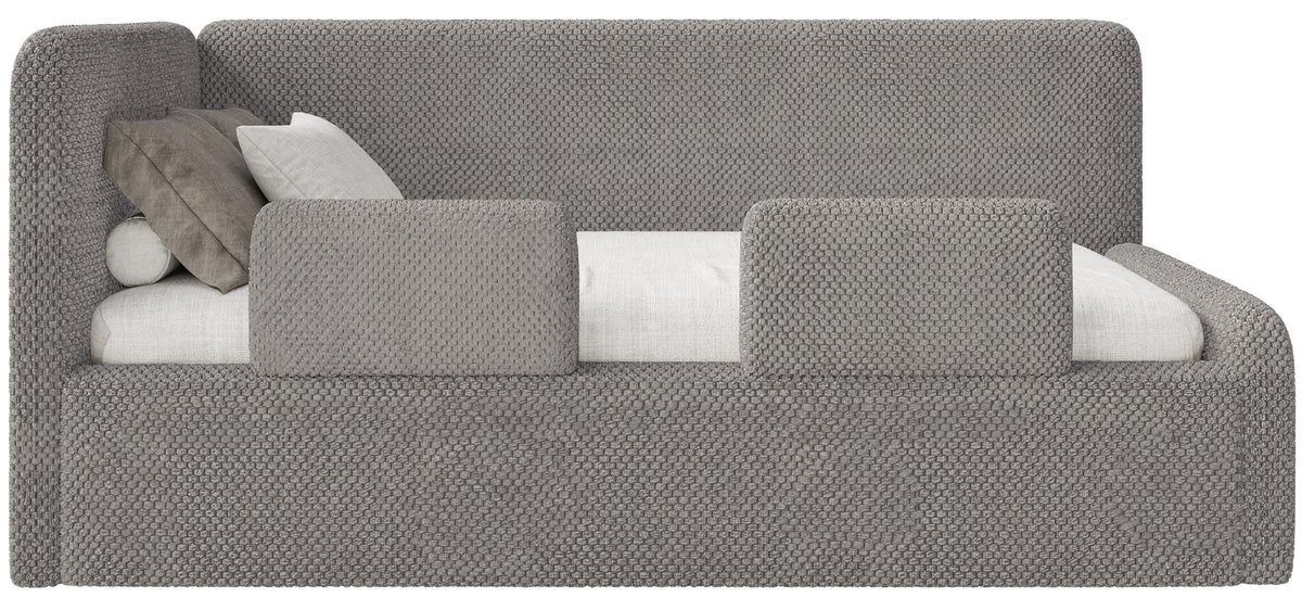 Jugendbett 90x200 cm Fanklo linksseitig mit Stauraum und Geländern, grau-brauner Plüsch, wasserabweisend