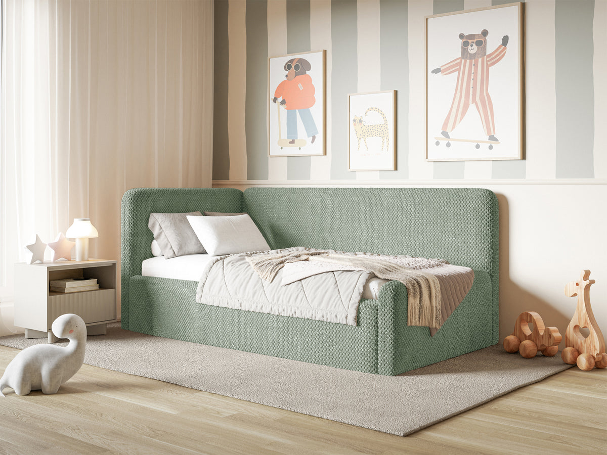 Jugendbett 90x200 cm Fanklo linksseitig mit Stauraum, salbeigrüner, wasserabweisender Plüsch