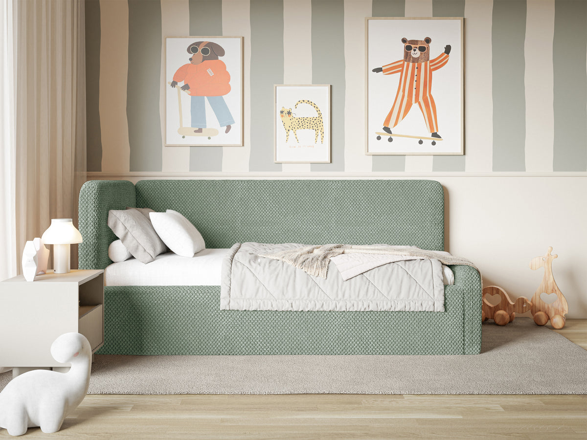 Lit junior 120x200 cm Fanklo gauche avec matelas et rangement velours sauge hydrofuge