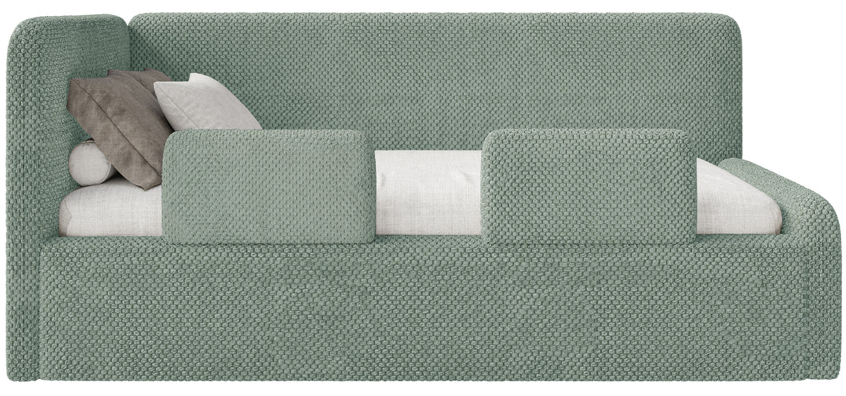 Jugendbett 90x200 cm Fanklo linksseitig mit Stauraum und Seitengittern, salbeigrüner, wasserabweisender Plüsch