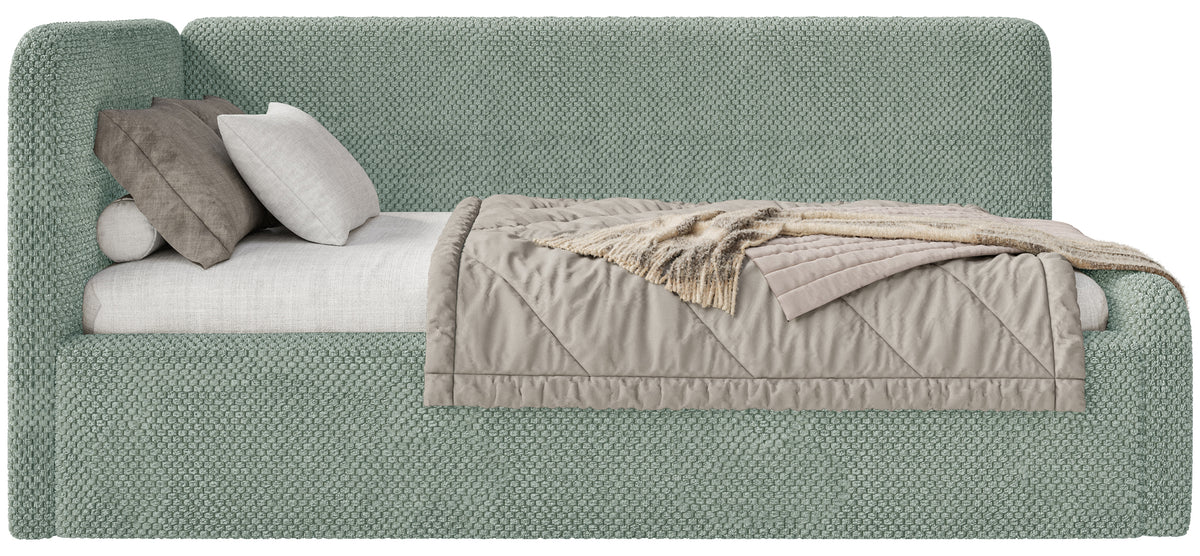 Jugendbett 90x200 cm Fanklo linksseitig mit Stauraum, salbeigrüner, wasserabweisender Plüsch