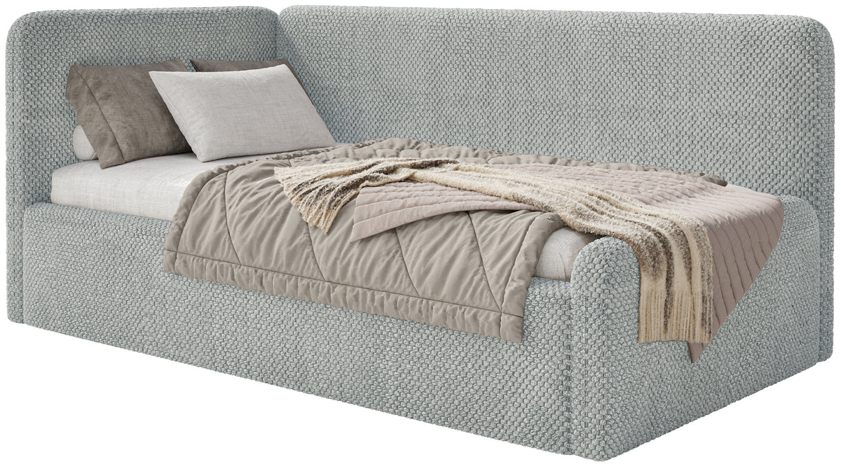 Jugendbett 90x200 cm Fanklo linksseitig mit Stauraum, grauer wasserabweisender Plüsch