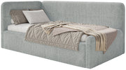 Jugendbett 120x200 cm Fanklo linksseitig mit Stauraum, grauer Plüsch, wasserabweisend