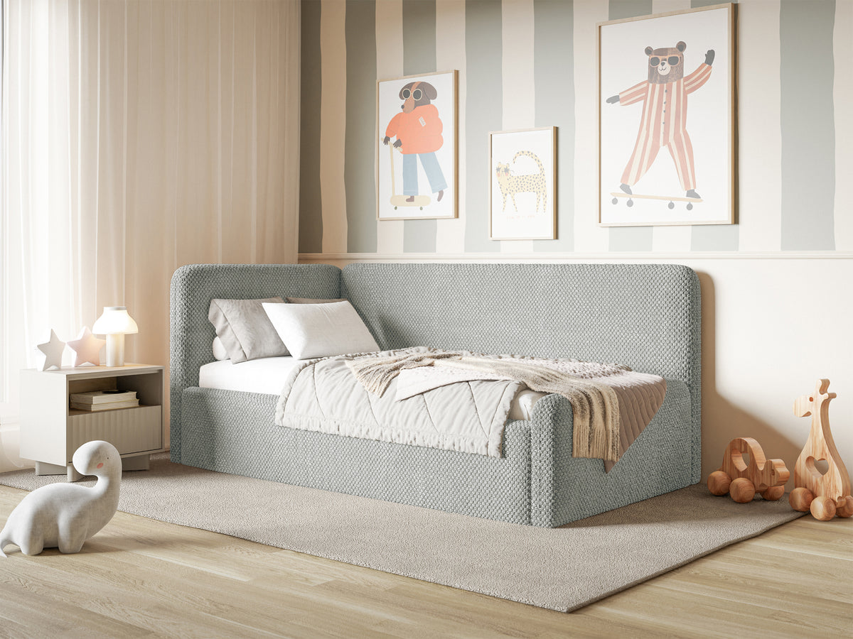Jugendbett 90x200 cm Fanklo linksseitig mit Stauraum, grauer wasserabweisender Plüsch