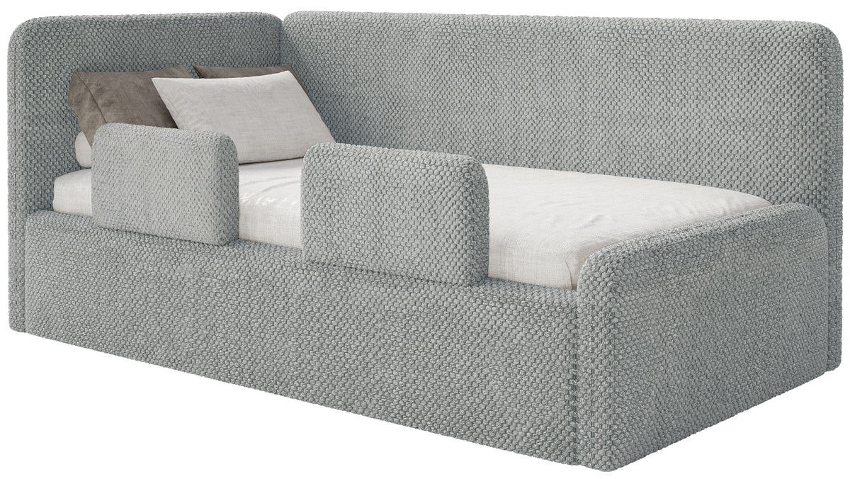 Jugendbett 120x200 cm Fanklo linksseitig mit Stauraum und Schutzgittern, grauer hydrophober Plüsch