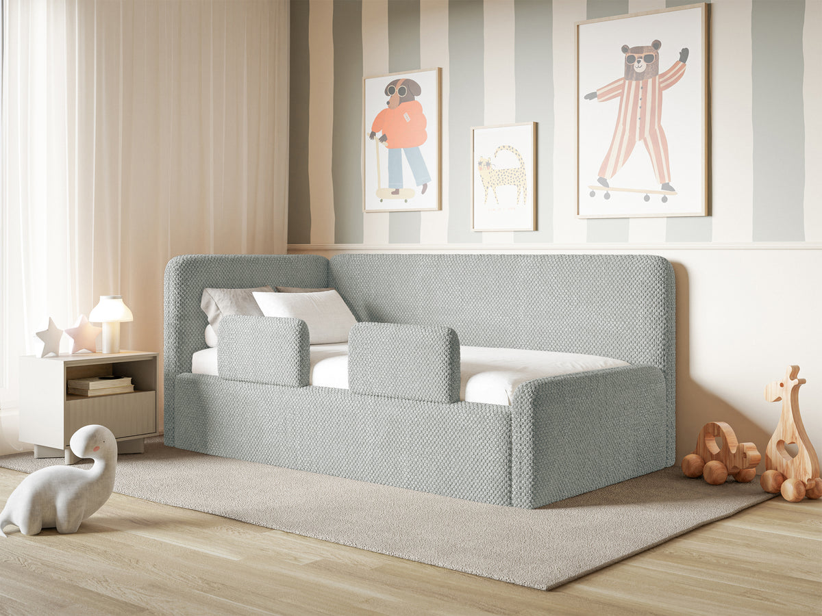 Jugendbett 120x200 cm Fanklo linksseitig mit Stauraum und Schutzgittern, grauer hydrophober Plüsch