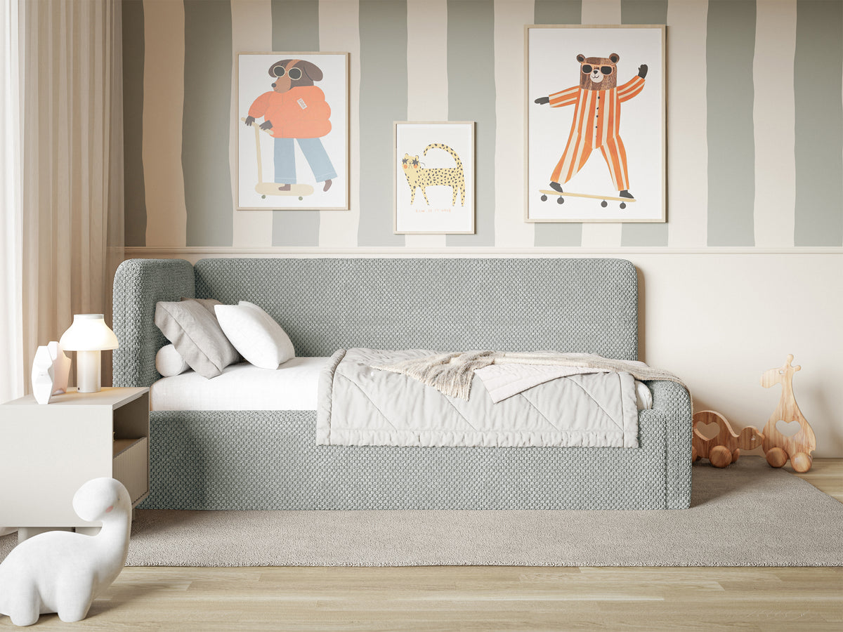 Jugendbett 120x200 cm Fanklo linksseitig mit Stauraum, grauer Plüsch, wasserabweisend