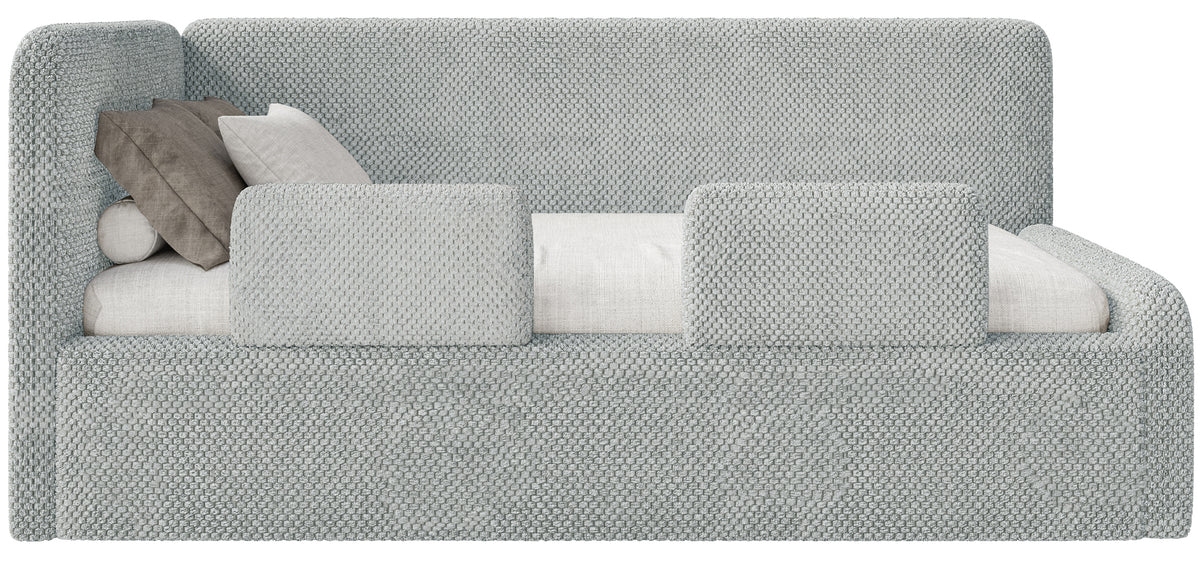 Jugendbett 120x200 cm Fanklo linksseitig mit Stauraum und Schutzgittern, grauer hydrophober Plüsch