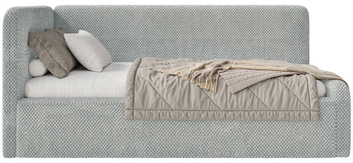 Jugendbett 120x200 cm Fanklo linksseitig mit Stauraum, grauer Plüsch, wasserabweisend
