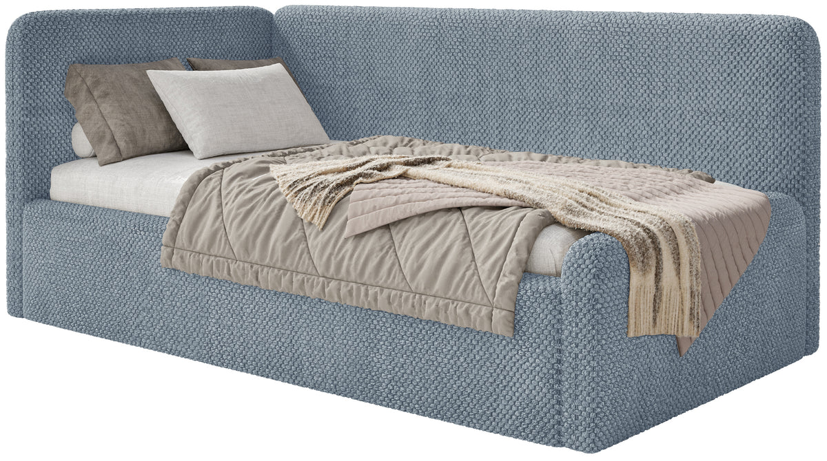 Jugendbett 90x200 cm Fanklo linksseitig mit Stauraum und blauem Plüsch-Hydrophob-Geländer