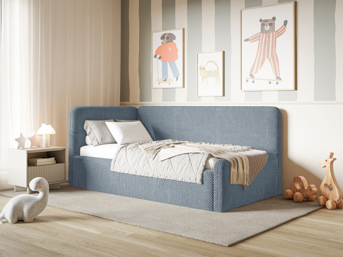 Jugendbett 120x200 cm Fanklo linksseitig mit Stauraum und blauen Plüsch-Hydrophob-Gittern