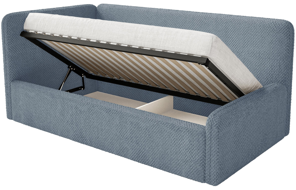 Jugendbett 90x200 cm Fanklo linksseitig mit Stauraum und blauem Plüsch-Hydrophob-Geländer