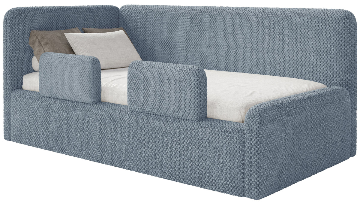Jugendbett 120x200 cm Fanklo linksseitig mit Stauraum und blauen Plüsch-Hydrophob-Gittern