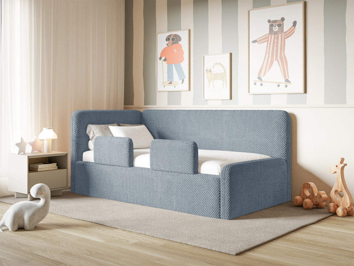 Jugendbett 90x200 cm Fanklo linksseitig mit Stauraum und blauem Plüsch-Hydrophob-Geländer