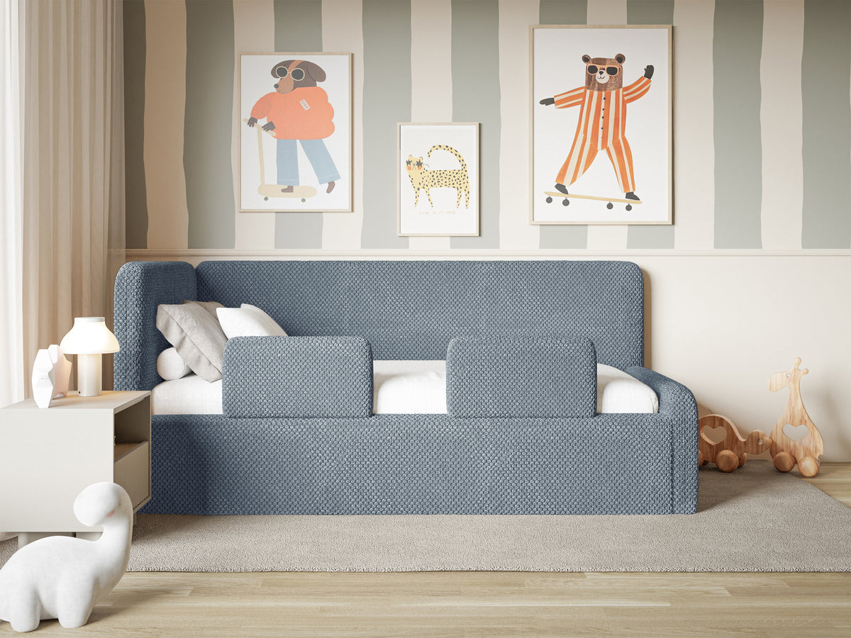 Jugendbett 90x200 cm Fanklo linksseitig mit Stauraum und blauem Plüsch-Hydrophob-Geländer