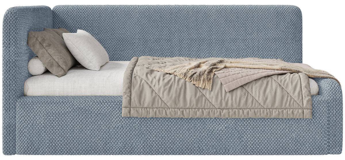 Jugendbett 90x200 cm Fanklo linksseitig mit Stauraum und blauem Plüsch-Hydrophob-Geländer
