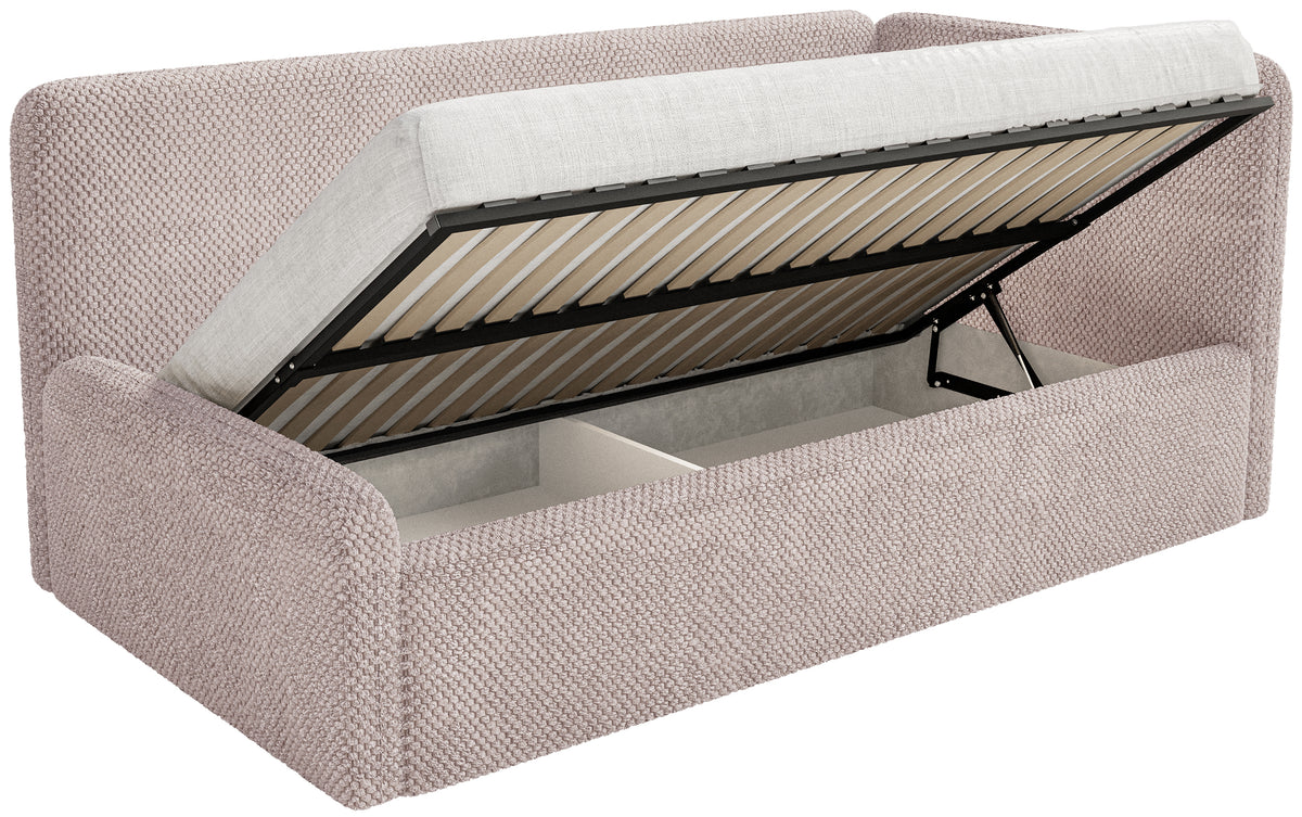 Jugendbett 120x200 cm Fanklo rechtsseitig mit Matratze, Stauraum und Geländern, puderrosa Plüsch, wasserabweisend