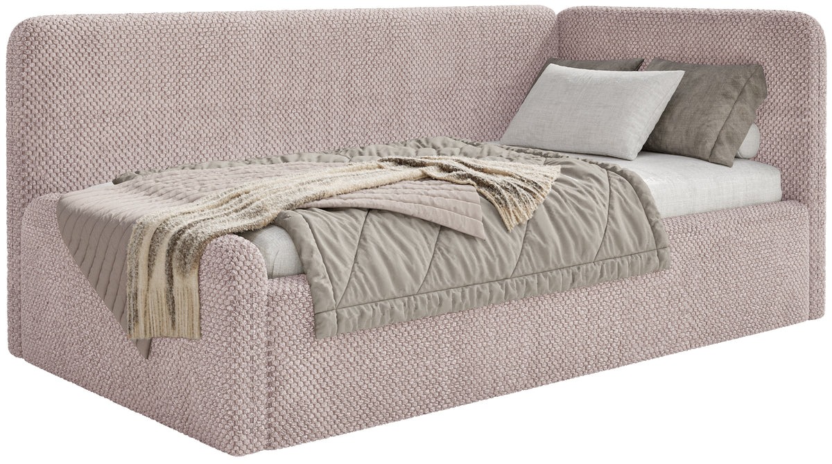Jugendbett 120x200 cm Fanklo rechtsseitig mit Matratze, Stauraum und Geländern, puderrosa Plüsch, wasserabweisend