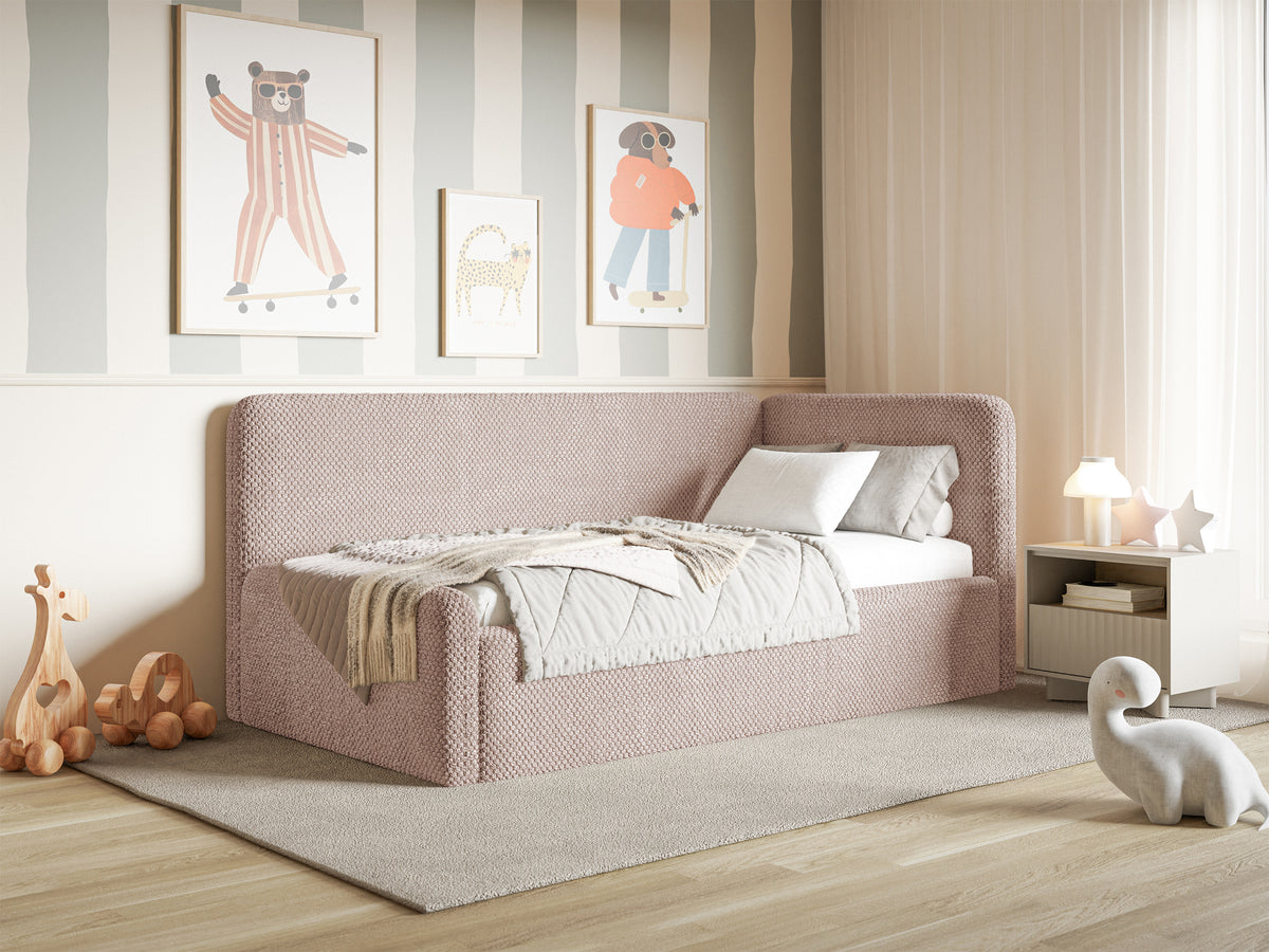 Jugendbett 120x200 cm Fanklo rechtsseitig mit Matratze, Stauraum und Geländern, puderrosa Plüsch, wasserabweisend