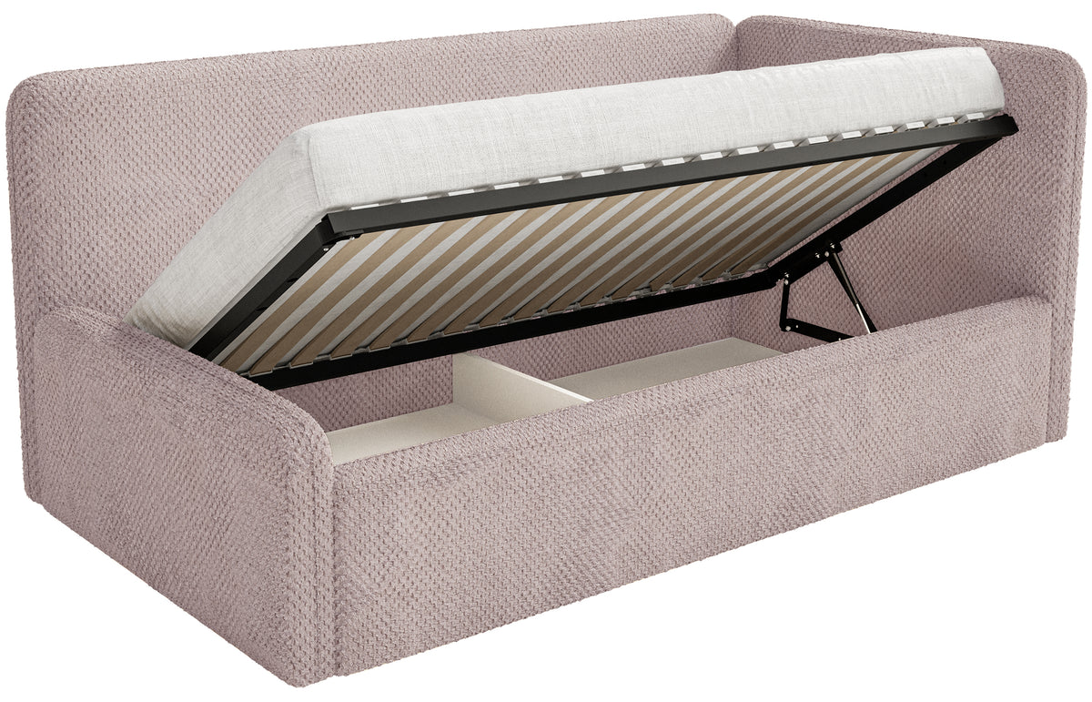 Jugendbett 90x200 cm Fanklo rechtsseitig mit Matratze, Stauraum und Geländern, puderrosa Plüsch, wasserabweisend