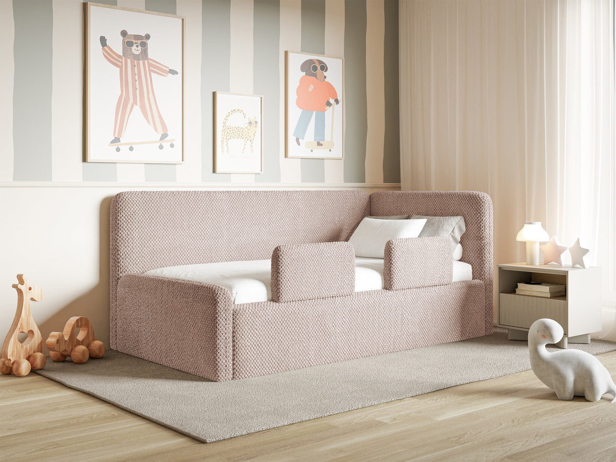 Jugendbett 90x200 cm Fanklo rechtsseitig mit Matratze, Stauraum und Geländern, puderrosa Plüsch, wasserabweisend