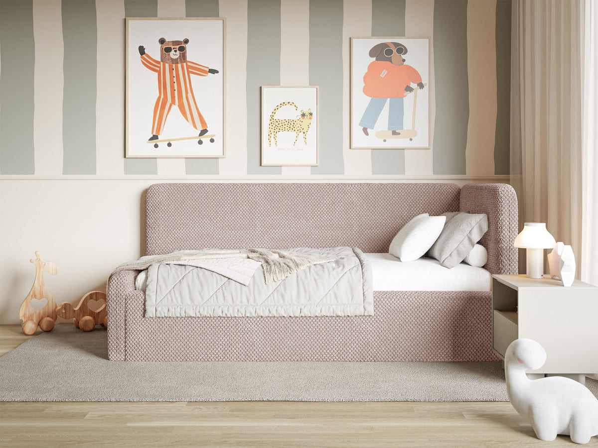 Jugendbett 120x200 cm Fanklo rechtsseitig mit Matratze, Stauraum und Geländern, puderrosa Plüsch, wasserabweisend