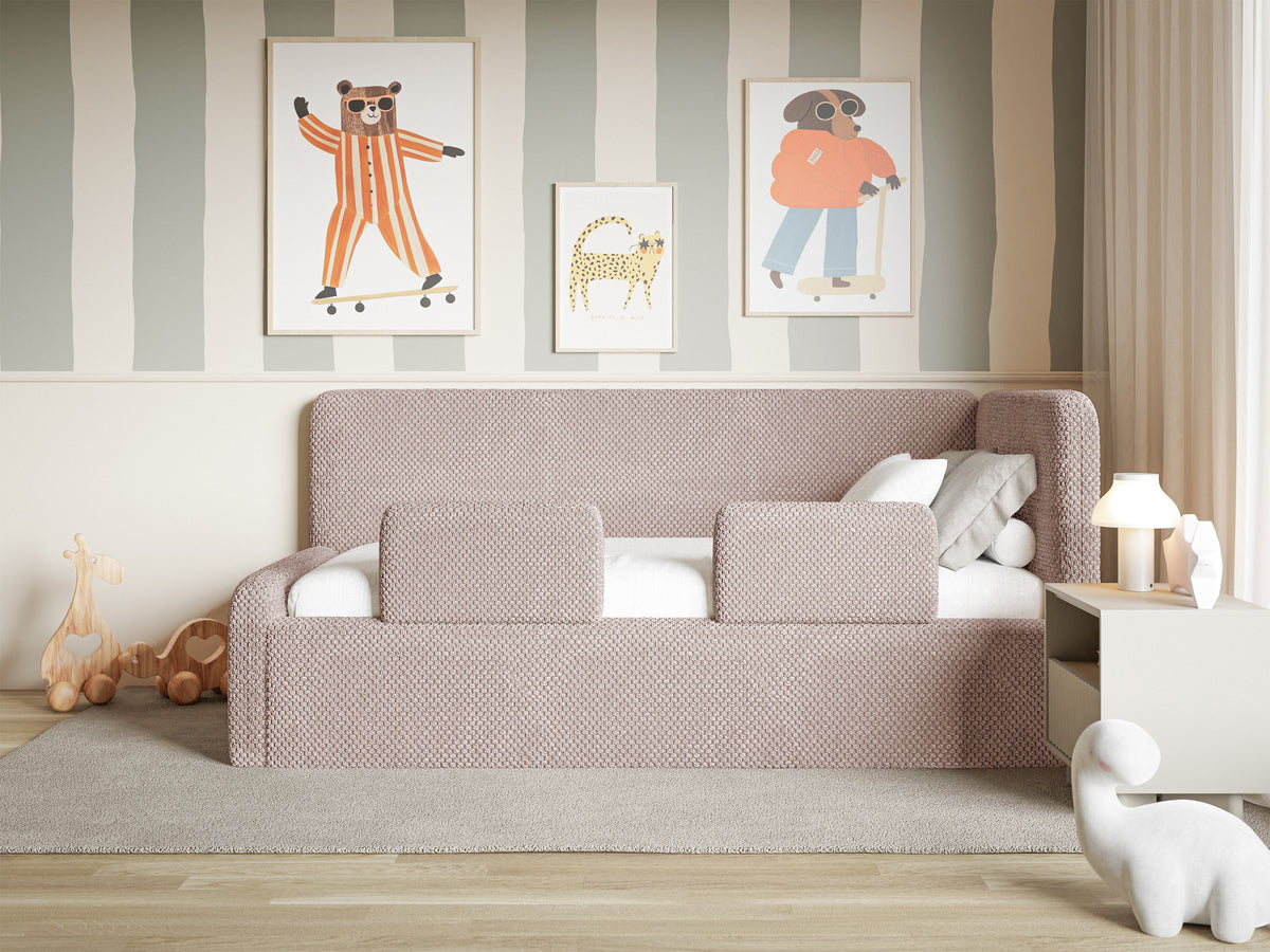 Jugendbett 120x200 cm Fanklo rechtsseitig mit Matratze, Stauraum und Geländern, puderrosa Plüsch, wasserabweisend