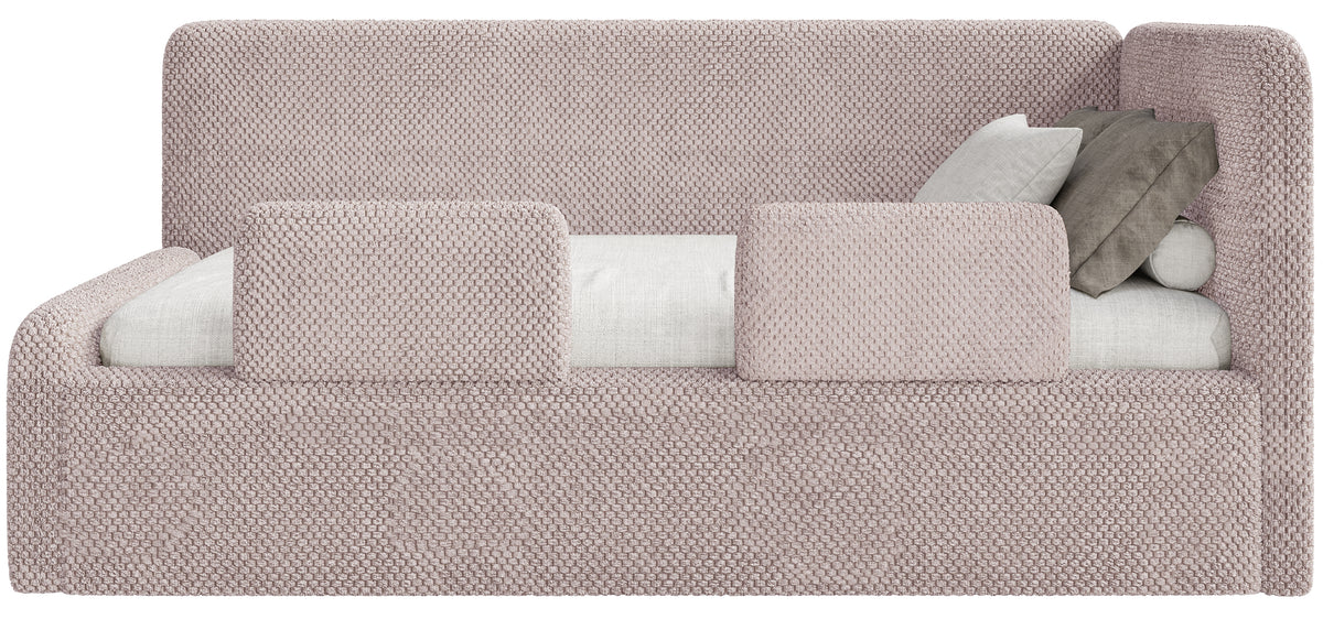 Jugendbett 90x200 cm Fanklo rechtsseitig mit Matratze, Stauraum und Geländern, puderrosa Plüsch, wasserabweisend