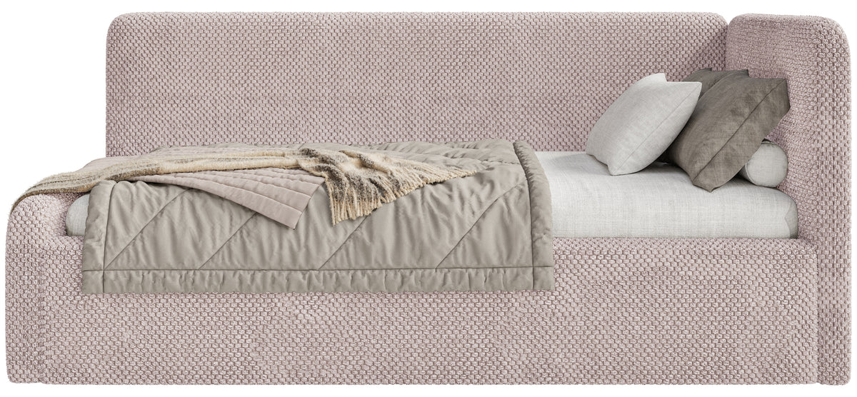 Jugendbett 120x200 cm Fanklo rechtsseitig mit Matratze, Stauraum und Geländern, puderrosa Plüsch, wasserabweisend