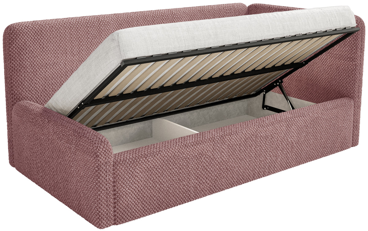 Lit adolescent 120x200 cm Fanklo droit avec matelas, coffre de rangement et barrières, velours rose hydrofuge