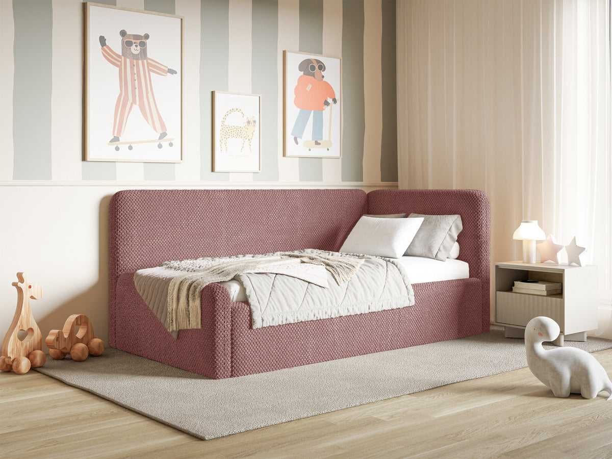 Lit adolescent 120x200 cm Fanklo droit avec matelas, coffre de rangement et barrières, velours rose hydrofuge