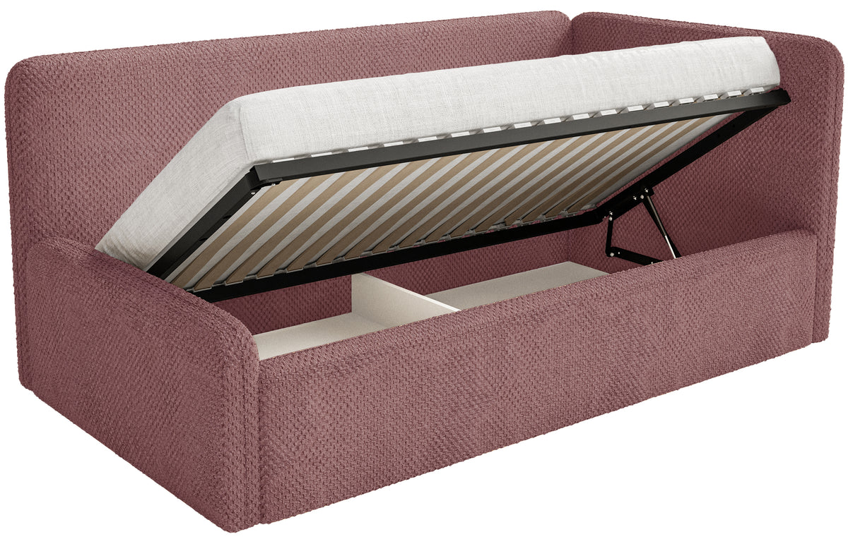 Jugendbett 90x200 cm Fanklo rechtsseitig mit Stauraum und Geländern, rosa Plüsch, wasserabweisend