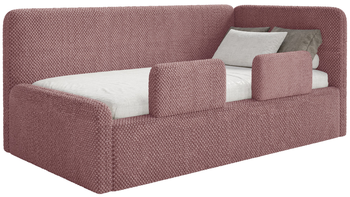 Lit adolescent 120x200 cm Fanklo droit avec matelas, coffre de rangement et barrières, velours rose hydrofuge