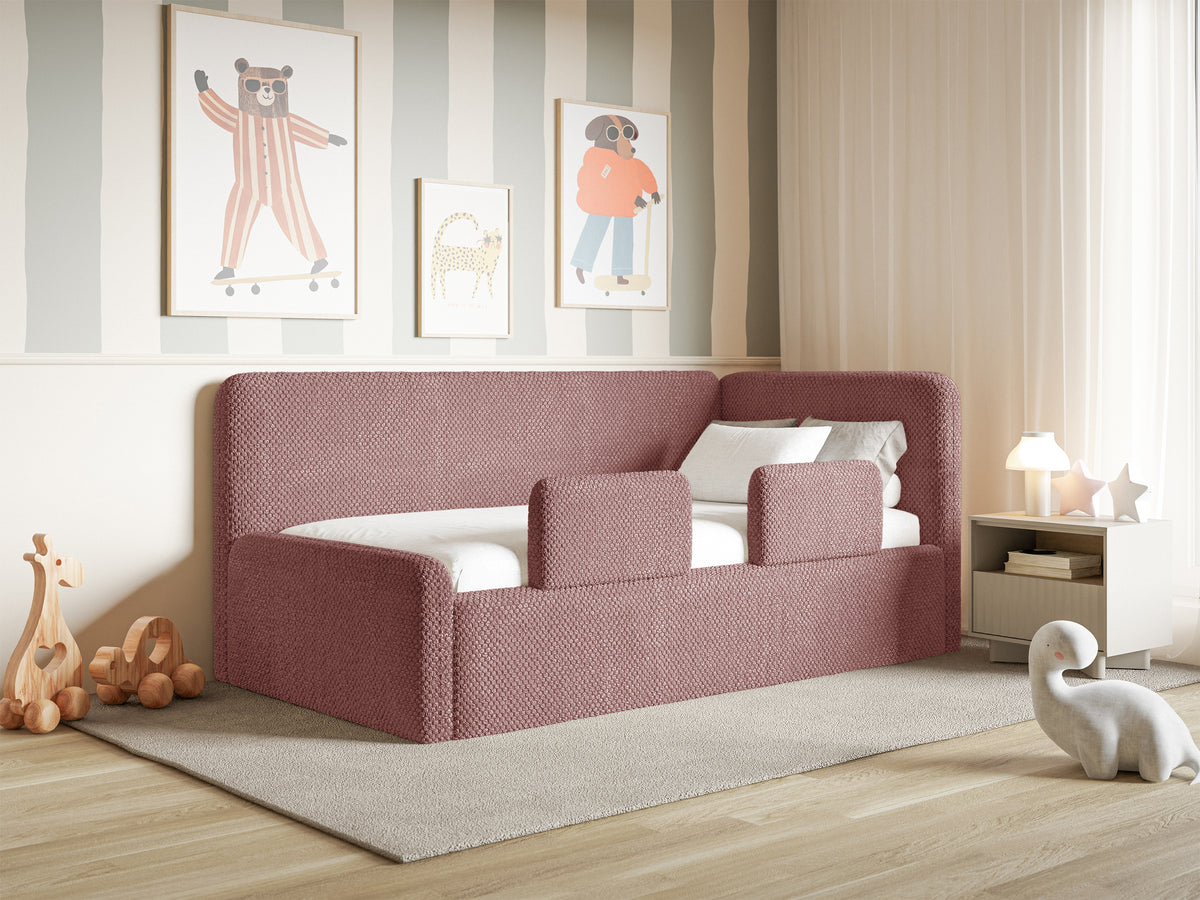 Jugendbett 90x200 cm Fanklo rechtsseitig mit Stauraum und Geländern, rosa Plüsch, wasserabweisend