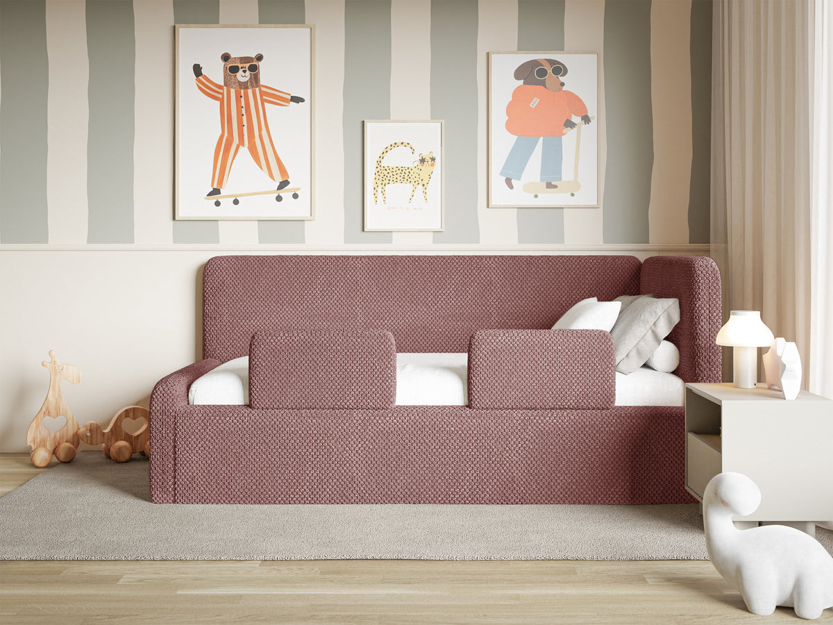 Lit adolescent 120x200 cm Fanklo droit avec matelas, coffre de rangement et barrières, velours rose hydrofuge
