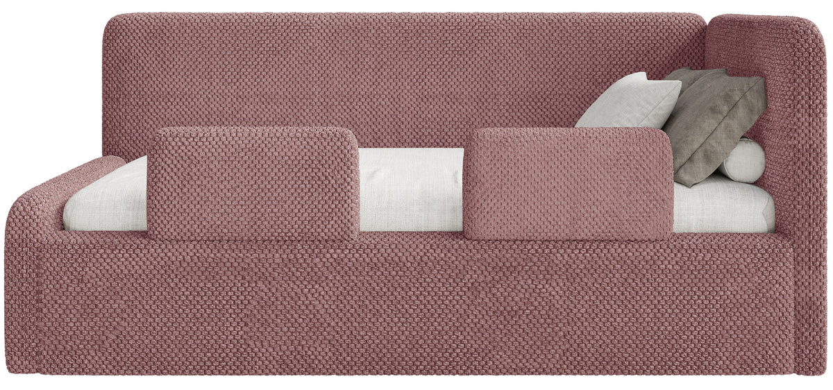 Lit adolescent 120x200 cm Fanklo droit avec matelas, coffre de rangement et barrières, velours rose hydrofuge