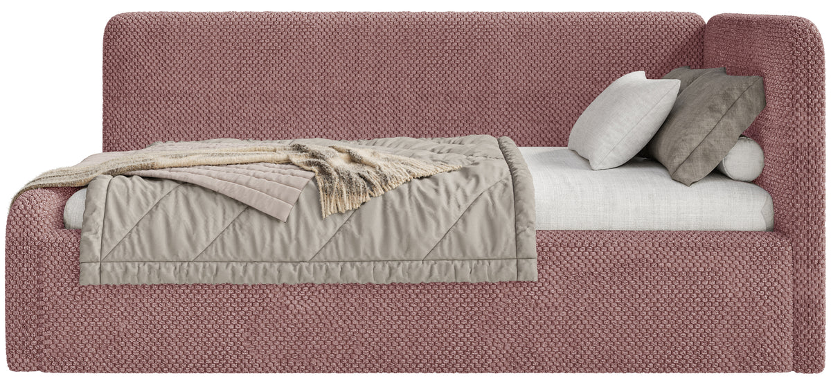 Lit adolescent 120x200 cm Fanklo droit avec matelas, coffre de rangement et barrières, velours rose hydrofuge