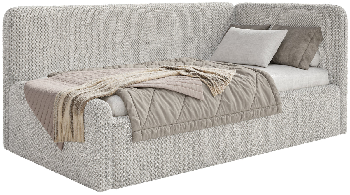 Jugendbett 90x200 cm Fanklo rechtsseitig mit Matratze und Aufbewahrungsbox, grau-beiger wasserabweisender Plüsch