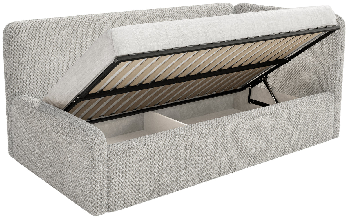 Jugendbett 120x200 cm Fanklo rechtsseitig mit Stauraum, grau-beiger hydrophober Plüsch
