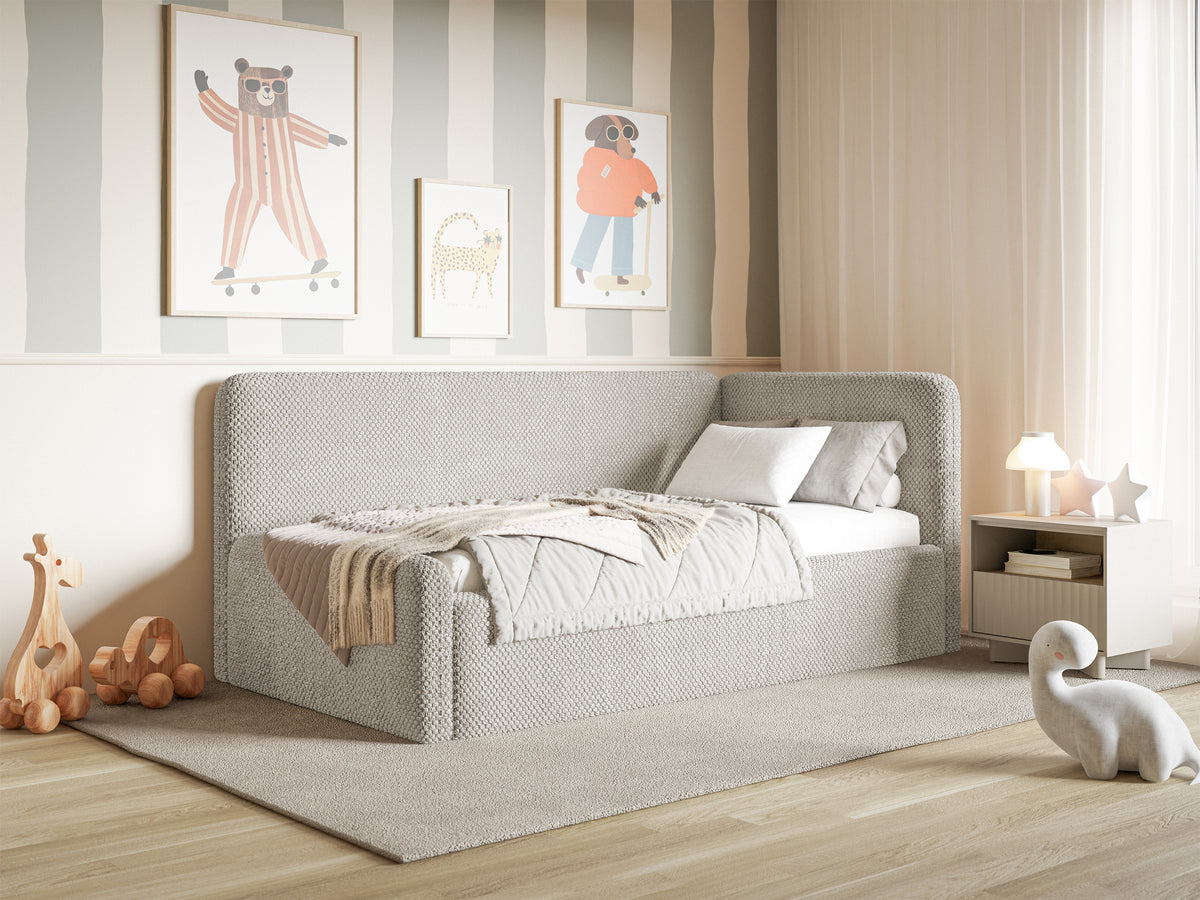 Jugendbett 90x200 cm Fanklo rechtsseitig mit Matratze und Aufbewahrungsbox, grau-beiger wasserabweisender Plüsch