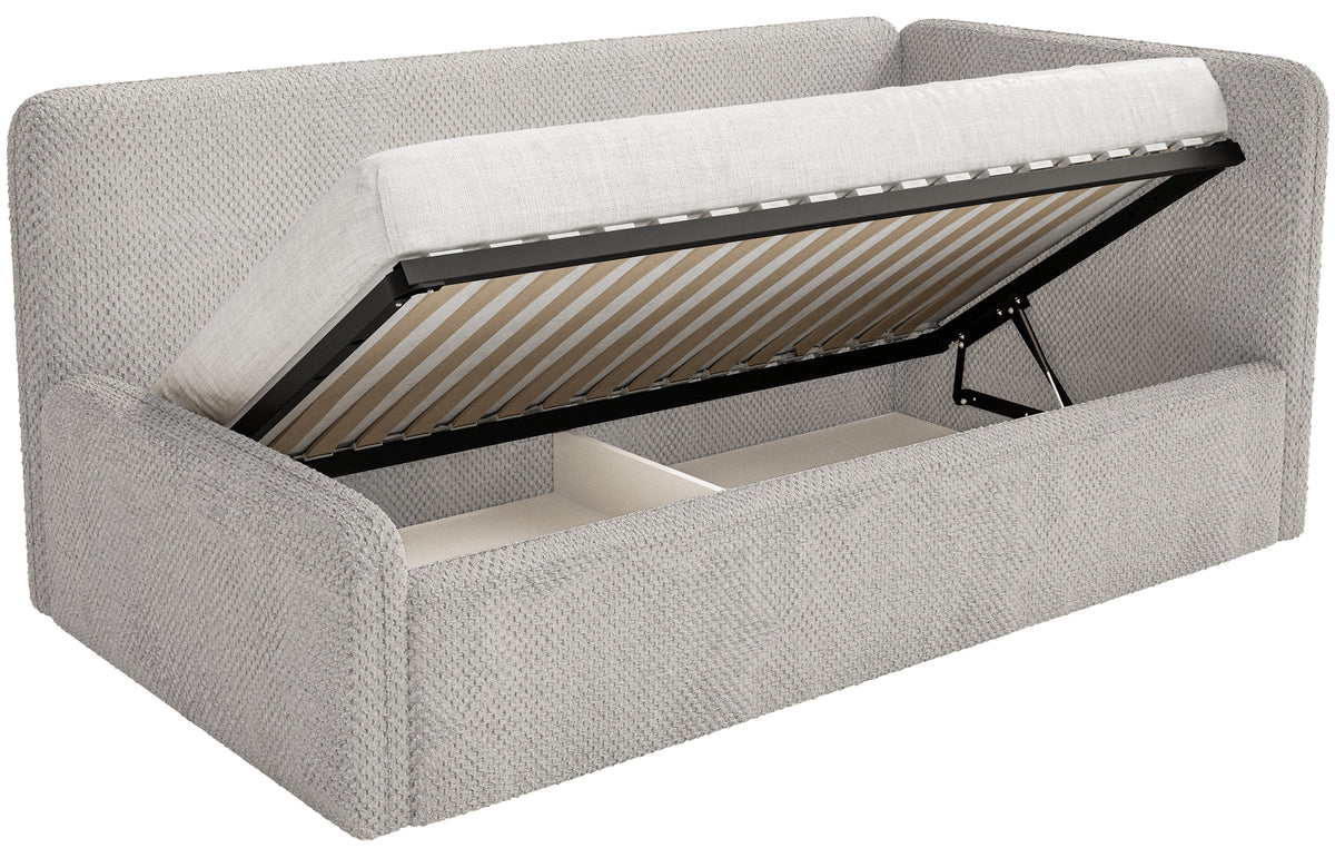 Jugendbett 90x200 cm Fanklo rechtsseitig mit Matratze und Aufbewahrungsbox, grau-beiger wasserabweisender Plüsch
