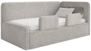 Jugendbett 90x200 cm Fanklo rechtsseitig mit Matratze, Stauraum und Geländern, grau-beige Plüsch, wasserabweisend