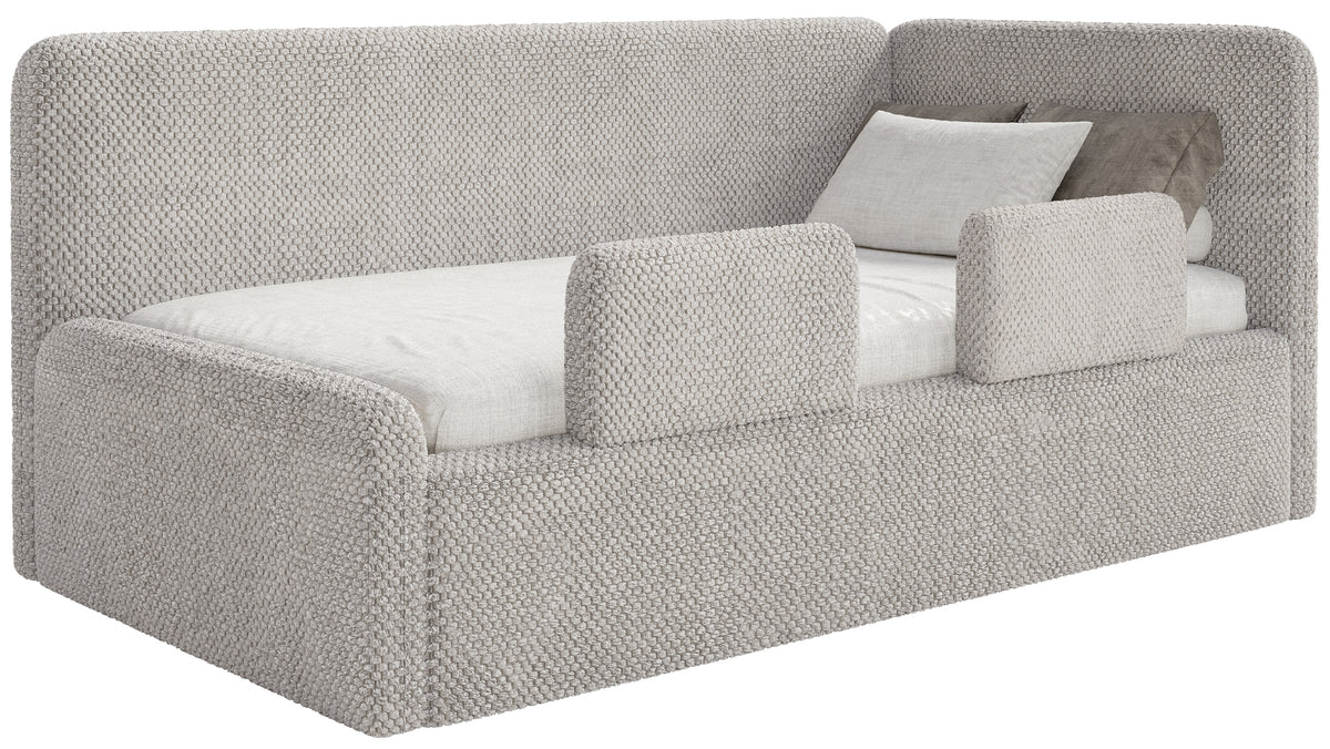 Jugendbett 120x200 cm Fanklo rechtsseitig mit Stauraum und Geländern, grau-beige Plüsch, wasserabweisend
