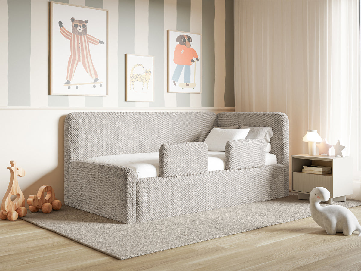 Jugendbett 90x200 cm Fanklo rechtsseitig mit Matratze, Stauraum und Geländern, grau-beige Plüsch, wasserabweisend
